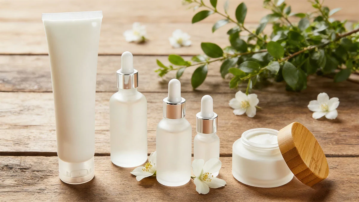 Assorted skincare products including cream jar, tubes, and dropper bottles on a wooden table surrounded by white flowers and green leaves.